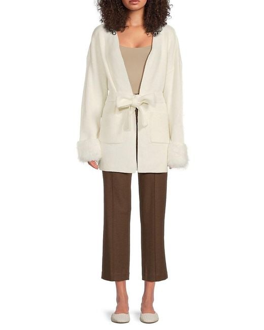Saks Fifth Avenue Natural Faux-fur-trim Tie-waist Cardigan