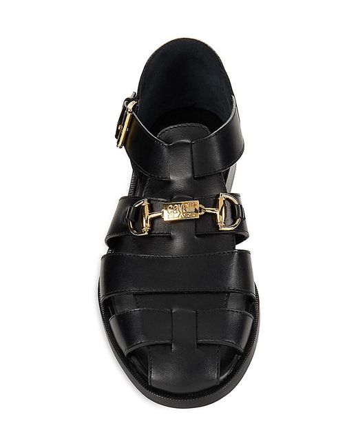 Class Roberto Cavalli Black Bit Leather Fisherman Sandals for men