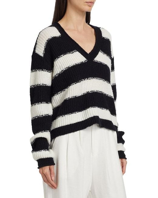 ATM Black Wool Blend Stripe V-neck Sweater