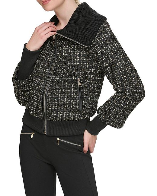 Karl Lagerfeld Metallic Tweed Bomber Jacket in Black | Lyst