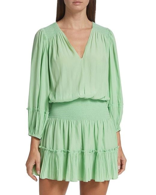 Ramy Brook Green Gilda Long-Sleeve Smocked Minidress