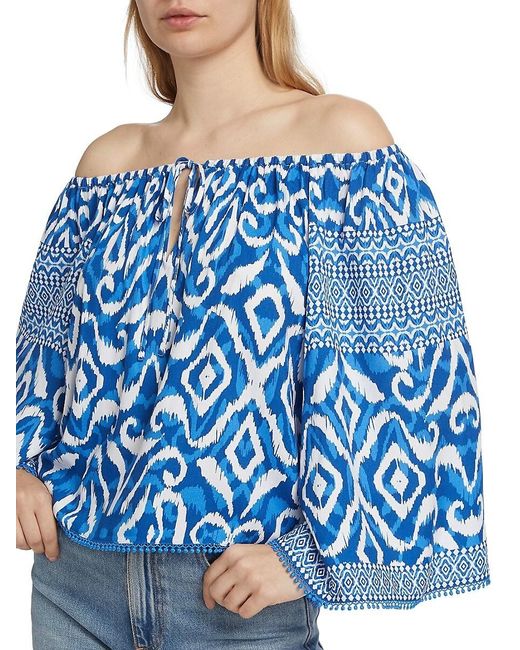 Alice + Olivia Blue Devina Ikat Off-The-Shoulder Blouse