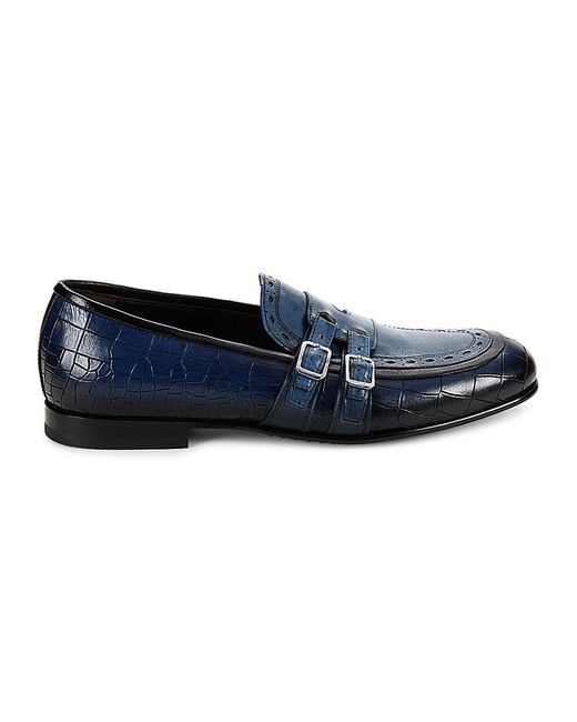 Jo Ghost Blue Croc Embossed Leather Buckle Loafers for men