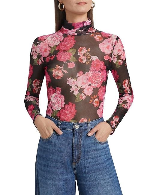 Generation Love Blue Tyla Floral-Mesh Turtleneck Top