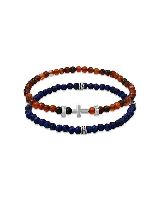 Anthony Jacobs Blue 2-Piece Sterling, Lapis & Agate Beaded Stretch Bracelets Set for men