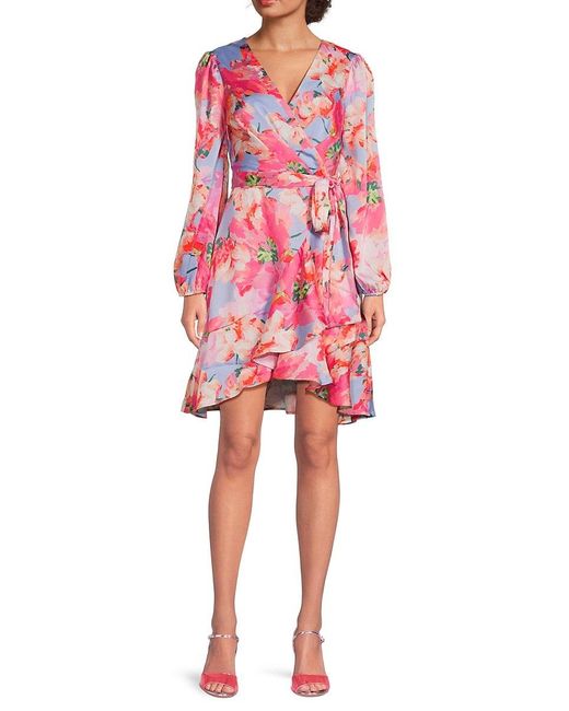 Tahari Red Floral Ruffle Wrap Minidress