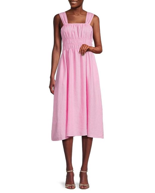 Saks Fifth Avenue Pink Smocked 100% Linen Midi Dress