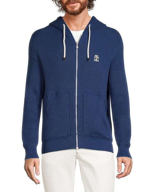 Brunello Cucinelli Blue Logo Ribbed Zip Up Hoodie for men