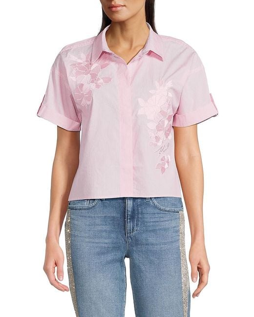 Karl Lagerfeld Blue Striped Floral Embroidered Cotton Shirt