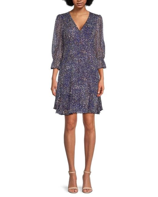 DKNY Blue Printed Chiffon Ruffle Minidress