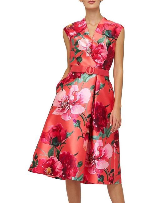 Kay Unger Red Rosemund Floral Mikado Midi-Dress