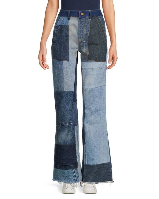NSF Blue Knix Mid Rise Patchwork Flared Jeans