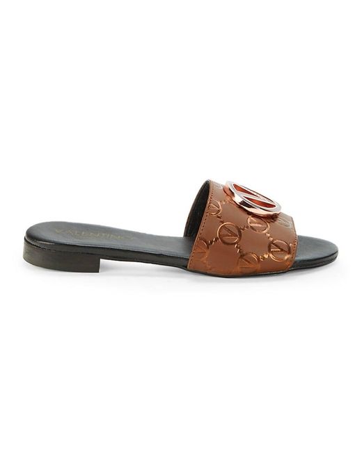 Valentino By Mario Valentino Leather Valentino Garavani Carrie Logo Slides in Brown - Lyst