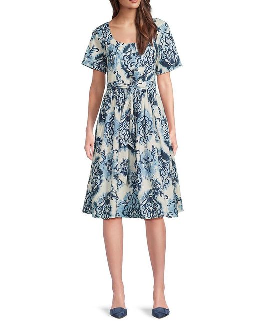Mikael Aghal Blue Motif Print Belted Knee Length Dress