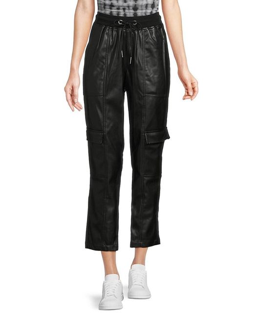 DKNY Black Faux Leather Drawstring Cropped Pants