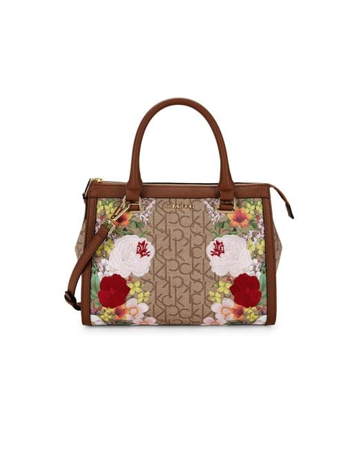 Calvin Klein Mercy Signature Monogram Floral Satchel in Brown | Lyst