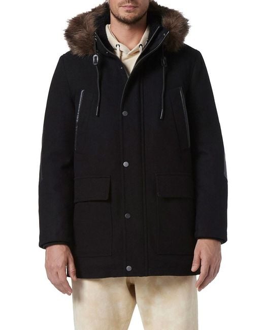 Andrew Marc Black Wool Blend Parka with Faux Fur for men