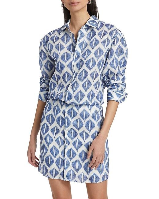 If Only Studio Blue Ikat-Inspired Printed Linen Shirtdress