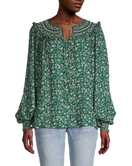 Max Studio Synthetic Floral Smocked Peasant Top in Green | Lyst