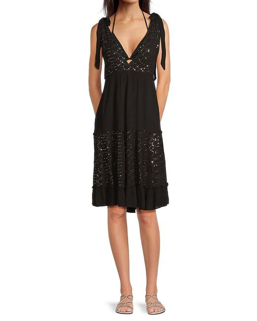 La Moda Clothing Black Sequined Plunging V-Neck Cover-Up Dress