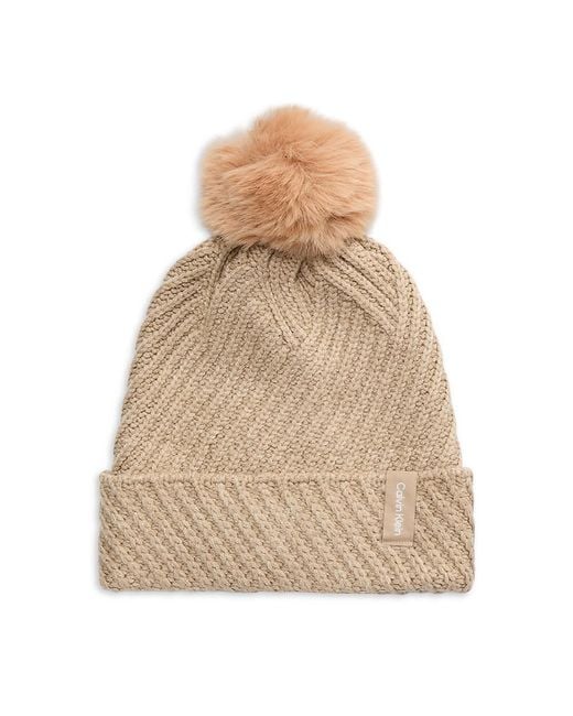 Calvin Klein Natural Textured Faux Fur Pom Beanie