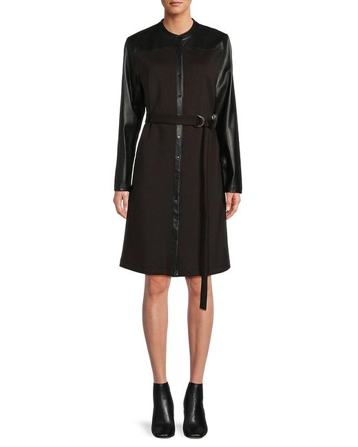 Calvin Klein Black Band Collar Belted Shirt Dress