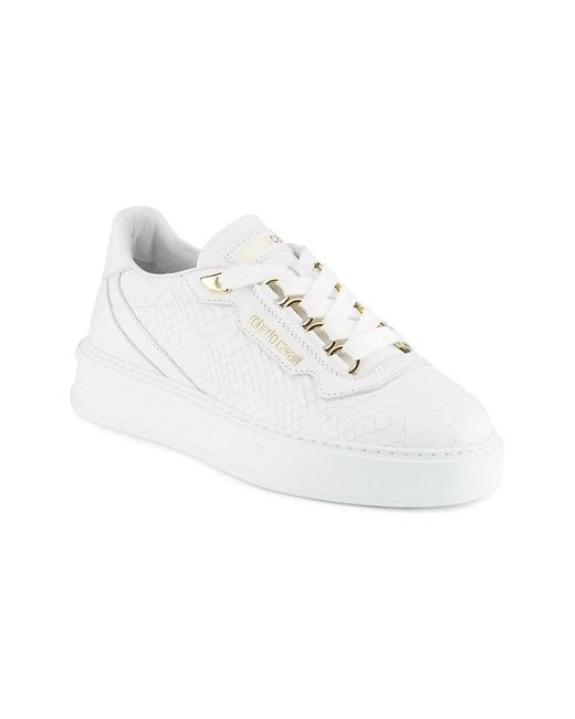 Roberto Cavalli White Snakeskin-Embossed Leather Platform Sneakers