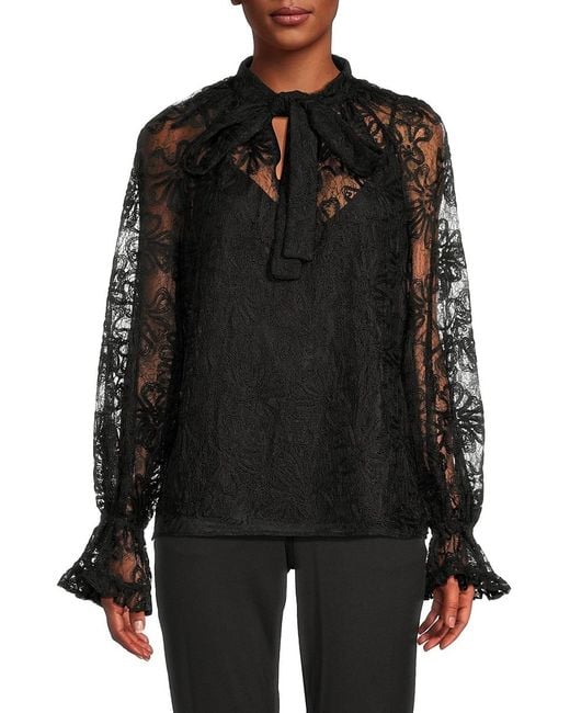 Kobi Halperin Black Posy Lace Tie-Neck Blouse