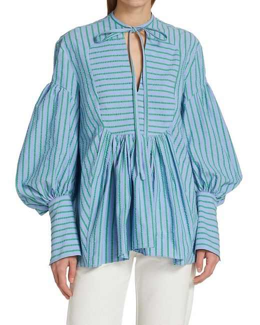Rosie Assoulin Blue Striped Seersucker Puff-sleeve Top