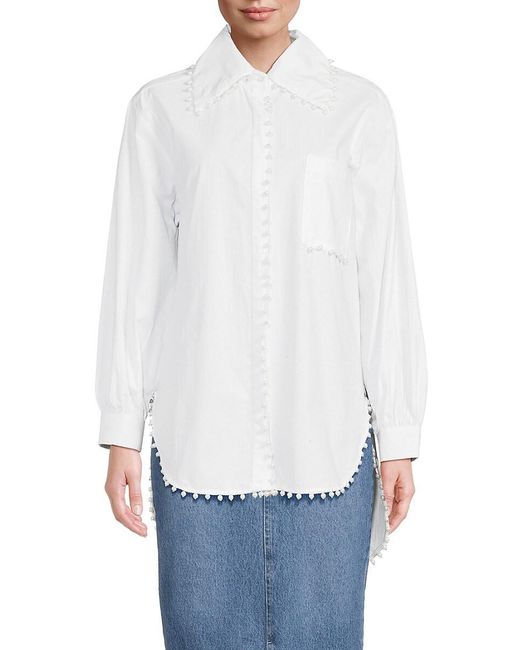 Lea & Viola White High-Low Pearl Studded Button Down Shirt