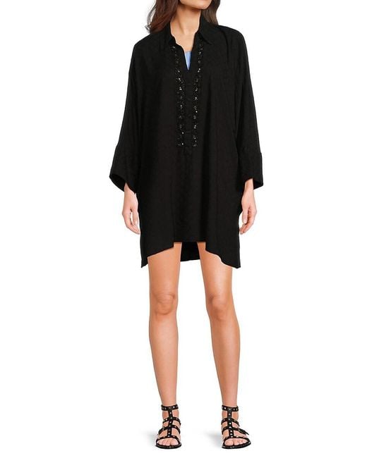 La Moda Clothing Black Embroidred Yoke Mini Cover Up Dress