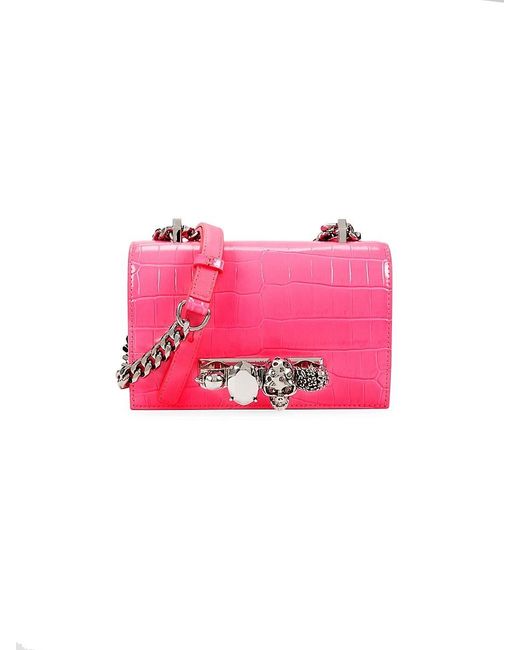 Alexander McQueen Pink Mini Skull Croc Embossed Leather Crossbody Bag