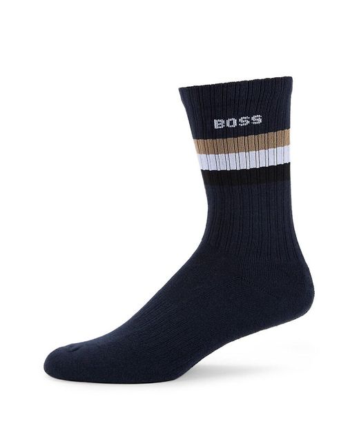 Boss Blue Logo Rib Knit Stripe Socks for men