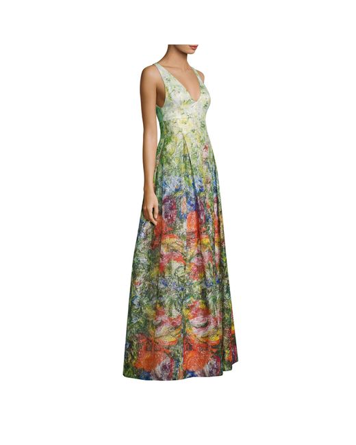 Alice + Olivia Green Chantal Sleeveless Pleated Floral Jacquard Gown