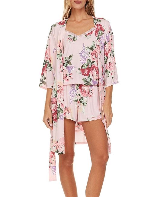 Flora Nikrooz Pink 'Lotus 3-Piece Floral Camisole, Shorts & Robe Set