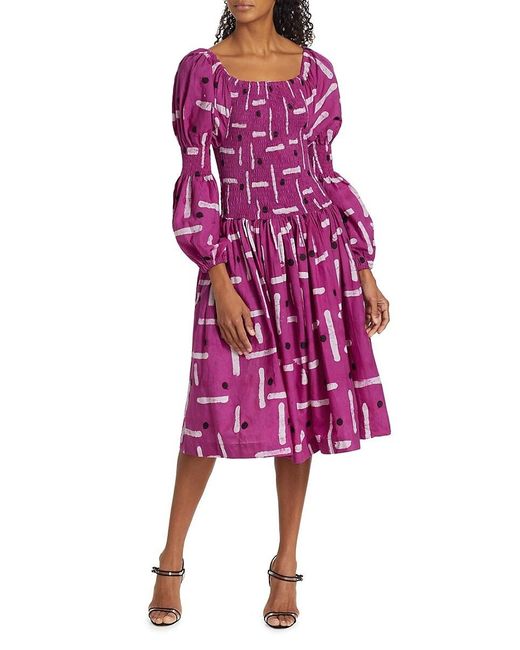 Busayo Purple Shola Print Smocked Midi Dress