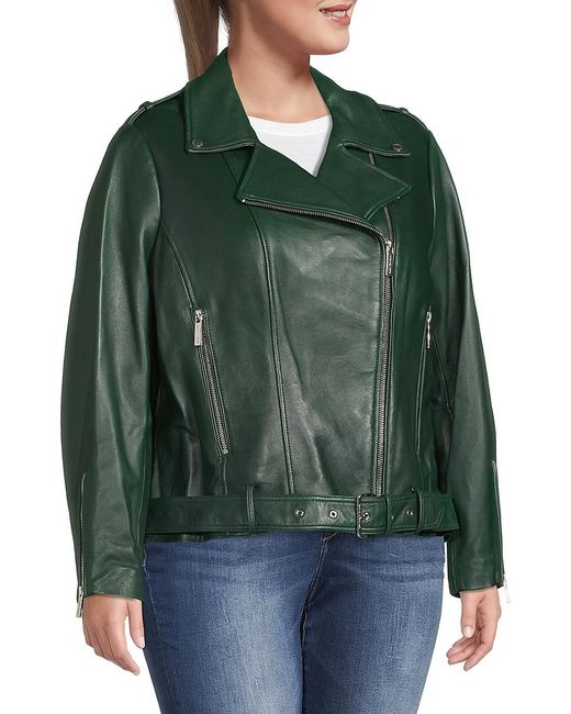 MICHAEL Michael Kors Plus Leather Biker Jacket in Green | Lyst