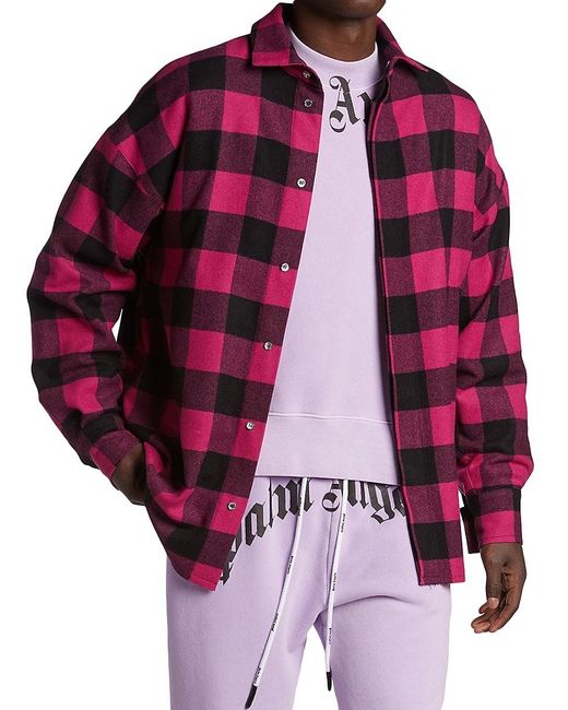 Palm Angels Curved Logo Flannel Button-down Shirt in Pink Black Combo