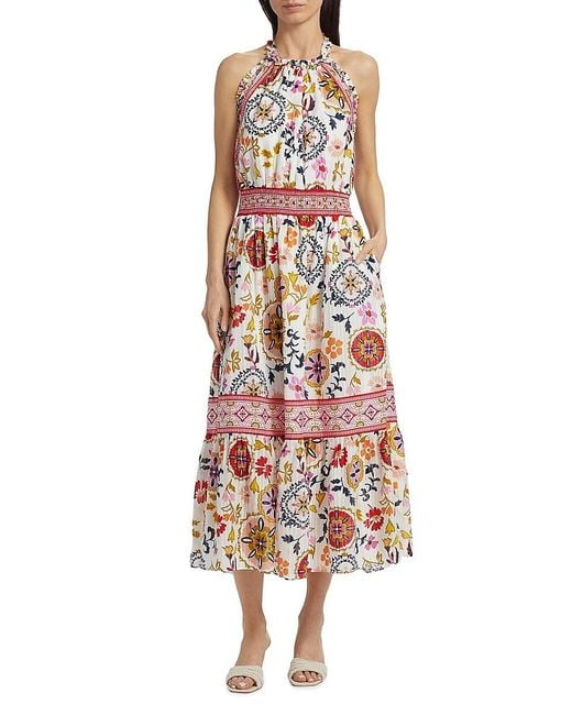 Ramy Brook White Delia Floral Cotton-Blend Halterneck Midi-Dress