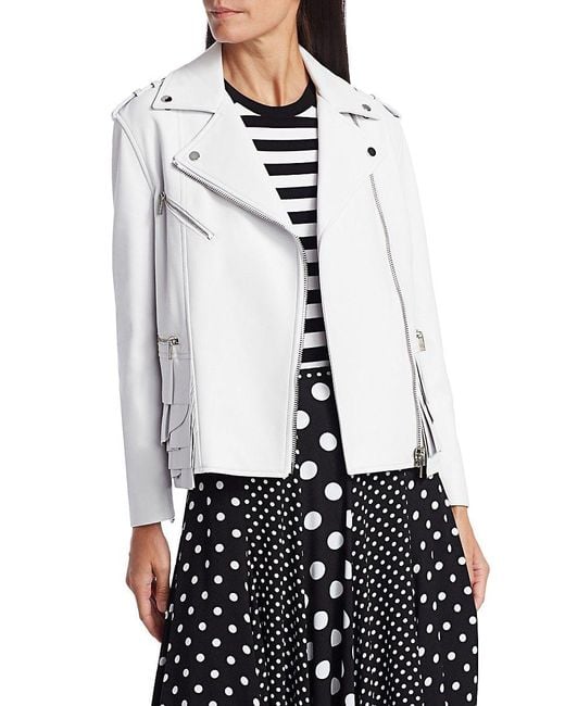 Michael Kors Ruffletrimmed Leather Moto Jacket in White Lyst