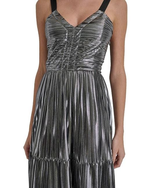 DKNY Gray Sleeveless Foil Plissé Maxi Dress