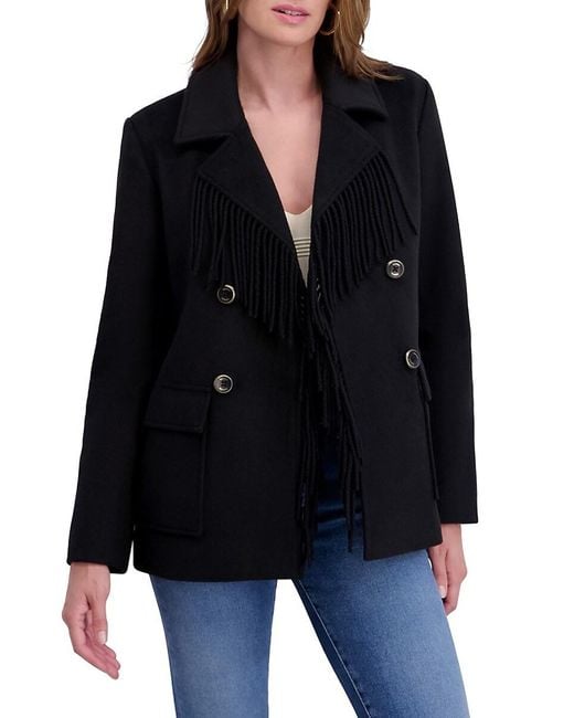 Kensie Black Fringe Wool-Blend Peacoat