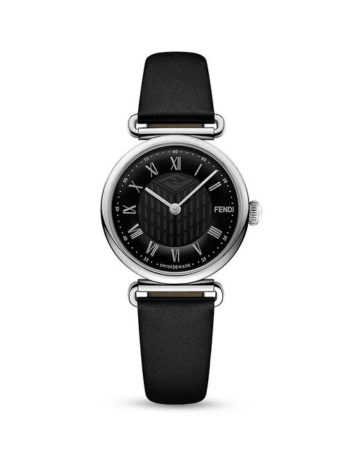 Fendi Black Leather Strap Roman Numeral Stainless Watch