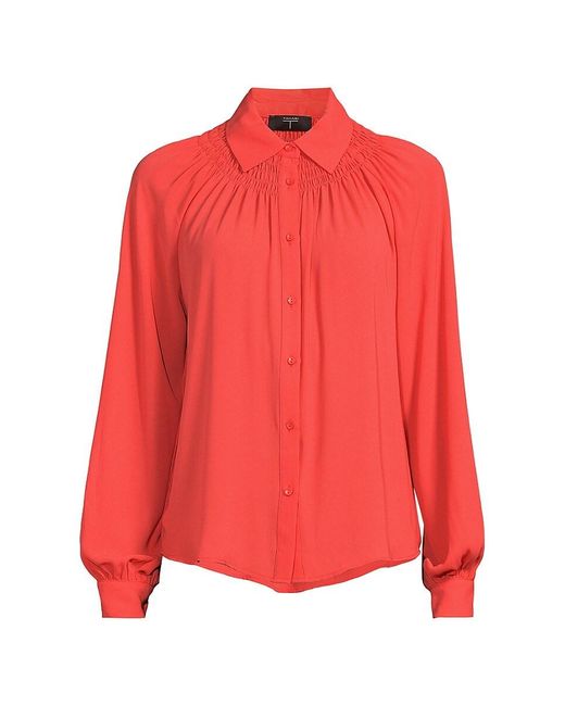Tahari Red Sheer Smocked Button Down Shirt