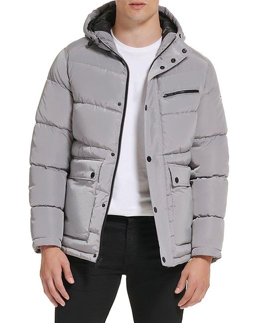 Kenneth Cole Channel Quilted Hooded Puffer Jacket in Gray for Men | Lyst