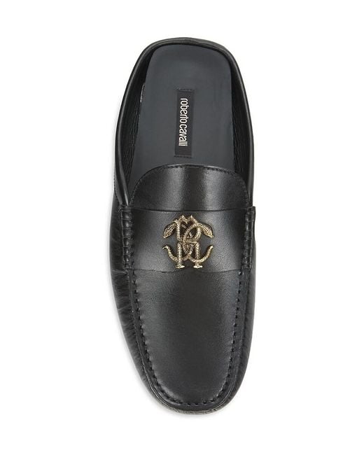 Roberto Cavalli Black Logo Leather Mules for men