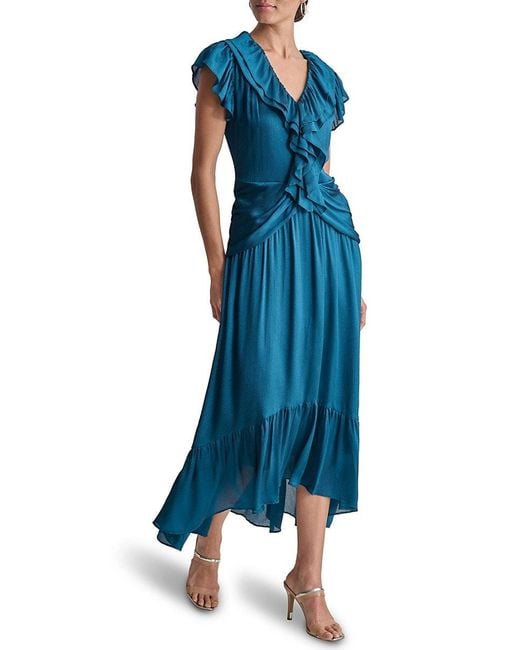 DKNY Blue Sleeveless V-Neck Ruffle Crinkle Fit-And-Flare Midi-Dress
