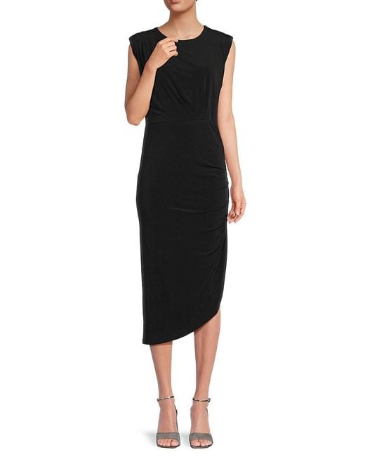 Calvin Klein Black Asymmetric Hem Ruched Midi-Dress