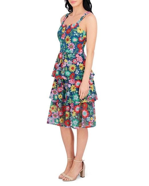 Kensie Blue Floral Embroidery Tiered Fit-&-Flare Midi-Dress