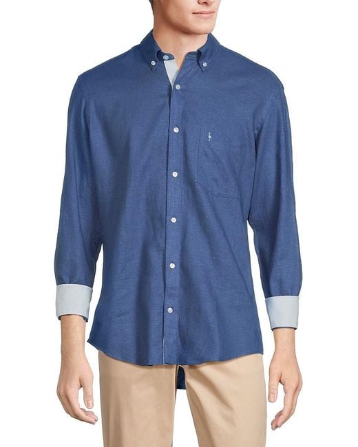 Tailorbyrd Blue Linen Blend Contrast Sport Shirt for men